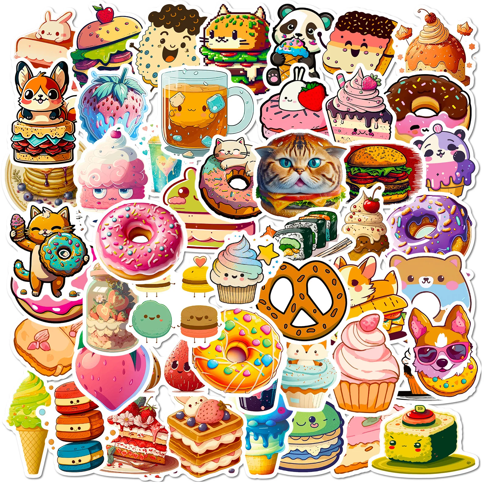50pcs Funny Cat Donut Food Cartoon Stickers Starry Sky Cat Graffiti Sticker Decorate Phone Back Card Trunk Water Cup Cute Cats