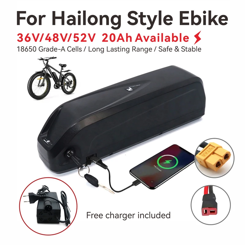 48V Hailong Style E-Bike Battery 36V 52V 20Ah 18650 Grade A Cells 50A BMS Bafang BBS02 BBS03 BBSHD 500W 750W 1000W Long Range