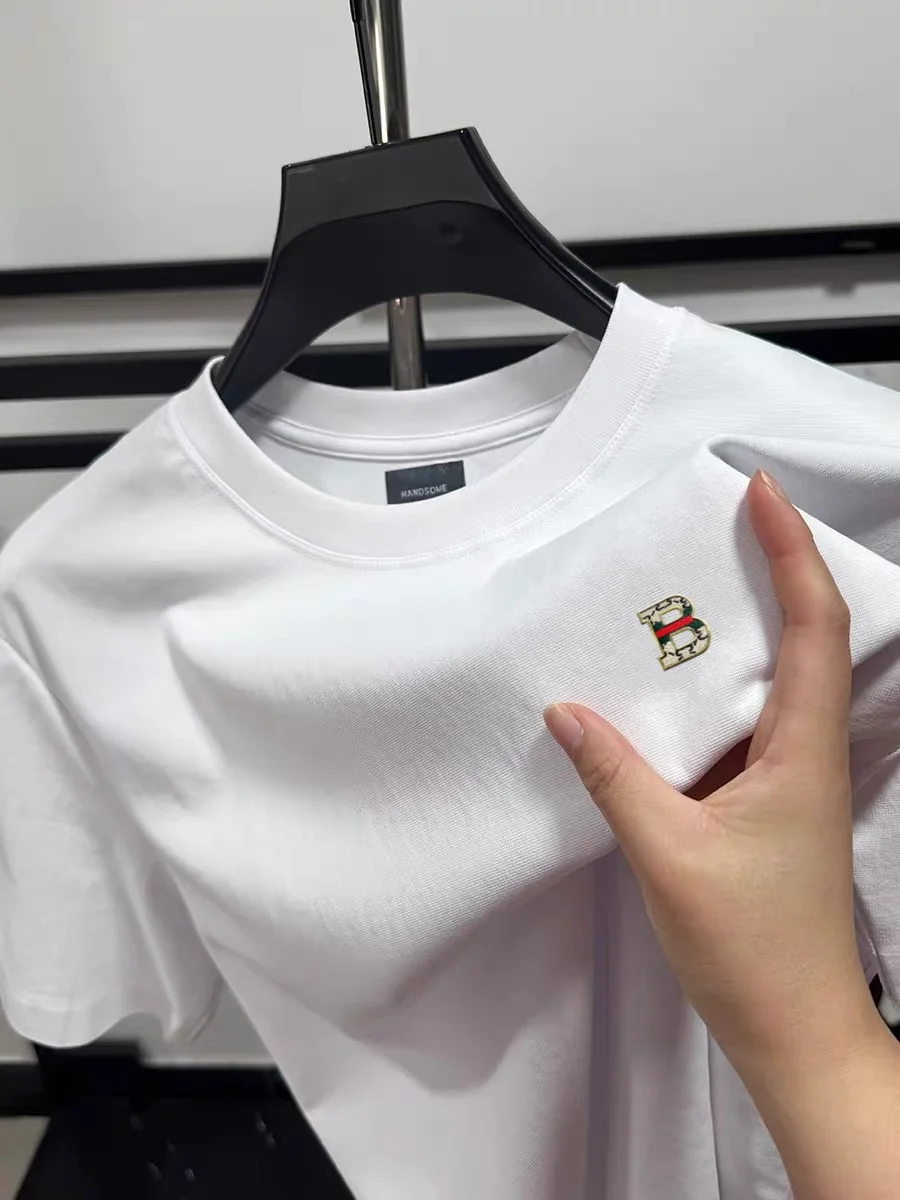 Nueva camiseta de manga corta con cuello redondo para hombre, de marca de alta gama, con insignia de la letra B, cómoda, de algodón, informal, para verano.