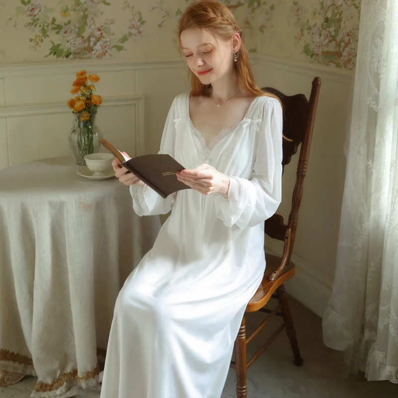 Comfortable Princess Dress Women Spring Autumn Cotton Nightgowns Long Sleeve Lace Sexy Nightdress Chest Pad V Neck Nightwear