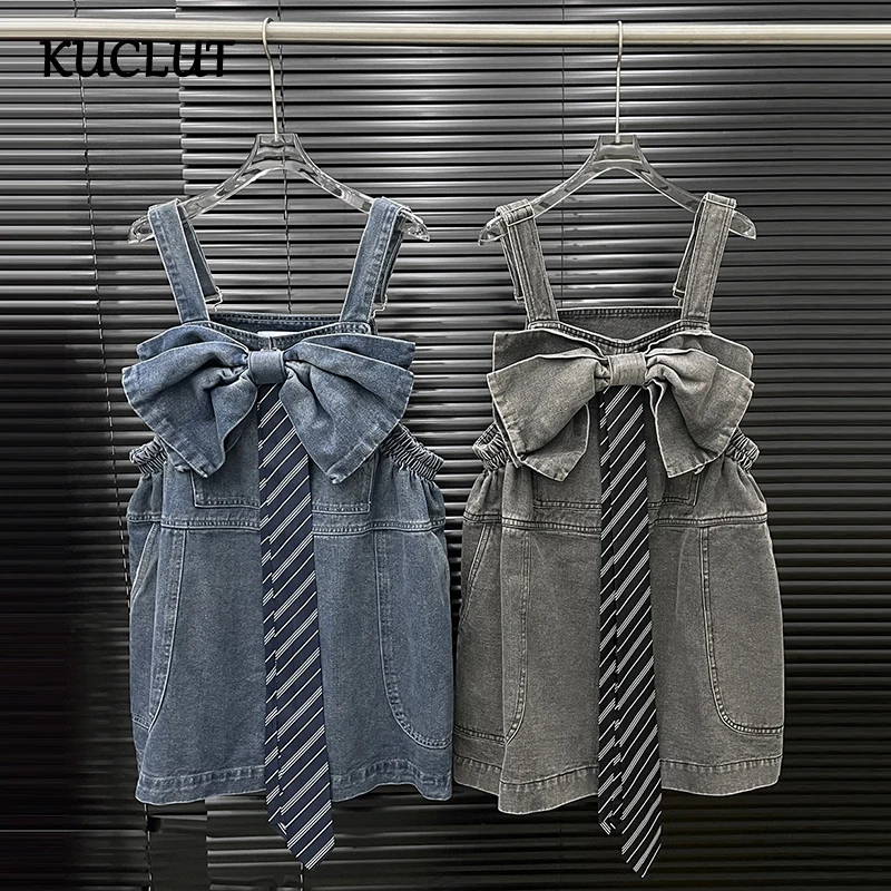 

KUCLUT Fashion Versatile Big Bow Denim Strap Dresses For Women Loose Casual Solid Color Sleeveless Dress Female Trendy 1A301