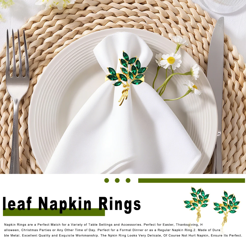 

12Pcs Rhinestone Crystal Napkin Rings Green Leaves Tree Of Life Napkin Buckle for Xmas Easter Party Table Decor