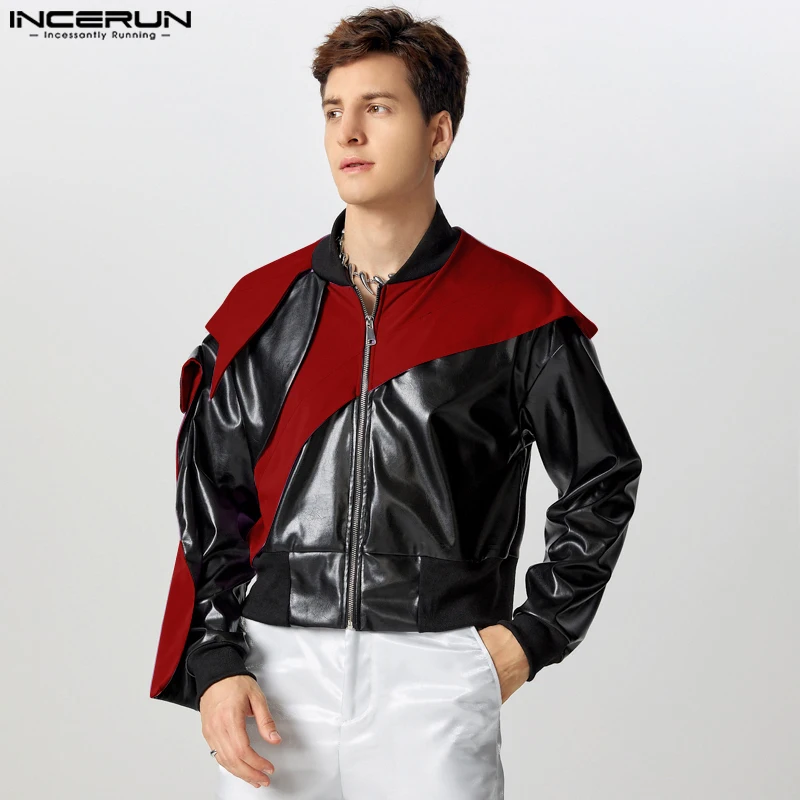 INCERUN Fashion New Men's Tops Spliced Contrast PU Silhouette Jackets Leisure Party Show Male Hot Sale Long Sleeved Jackets Coat