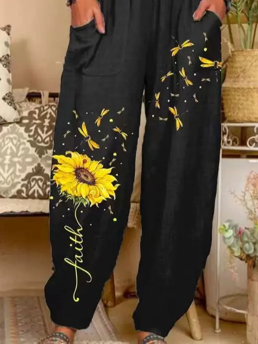 Women's Sunflower Dragonfly Print Jogger Pants Elastic Waist Casual Loose Fit Trousers with Pockets Faith Letter Graphic Daily