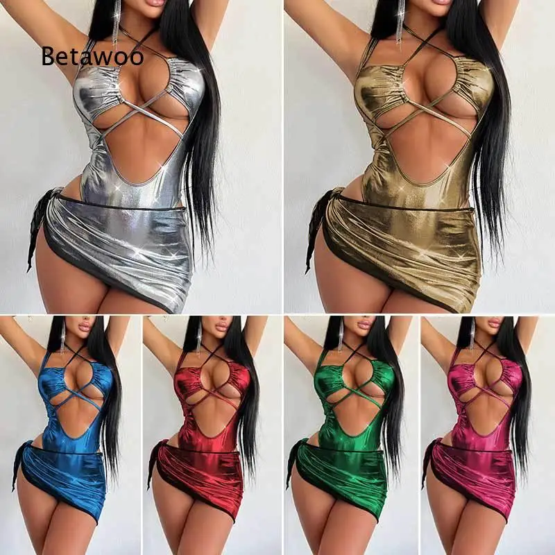 One Piece Swimsuit With Wrapped Skirt Set For Music Festival Chic Tie Up Bodysuit With Slim Fit Hip Cover Skirt For Beach Party