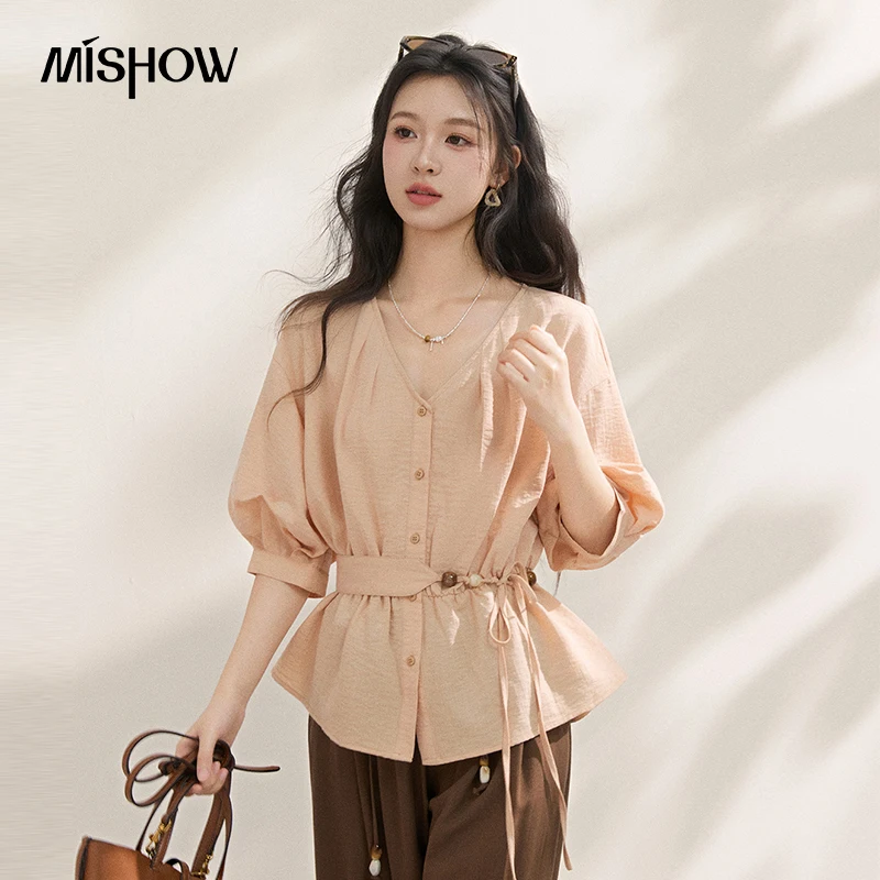 

MISHOW French Style Waist Cinched Shirt 2026 Summer V-neck Casual Loose Slim Fit Mid Long Sleeved Top with Waistband MXF16X2560