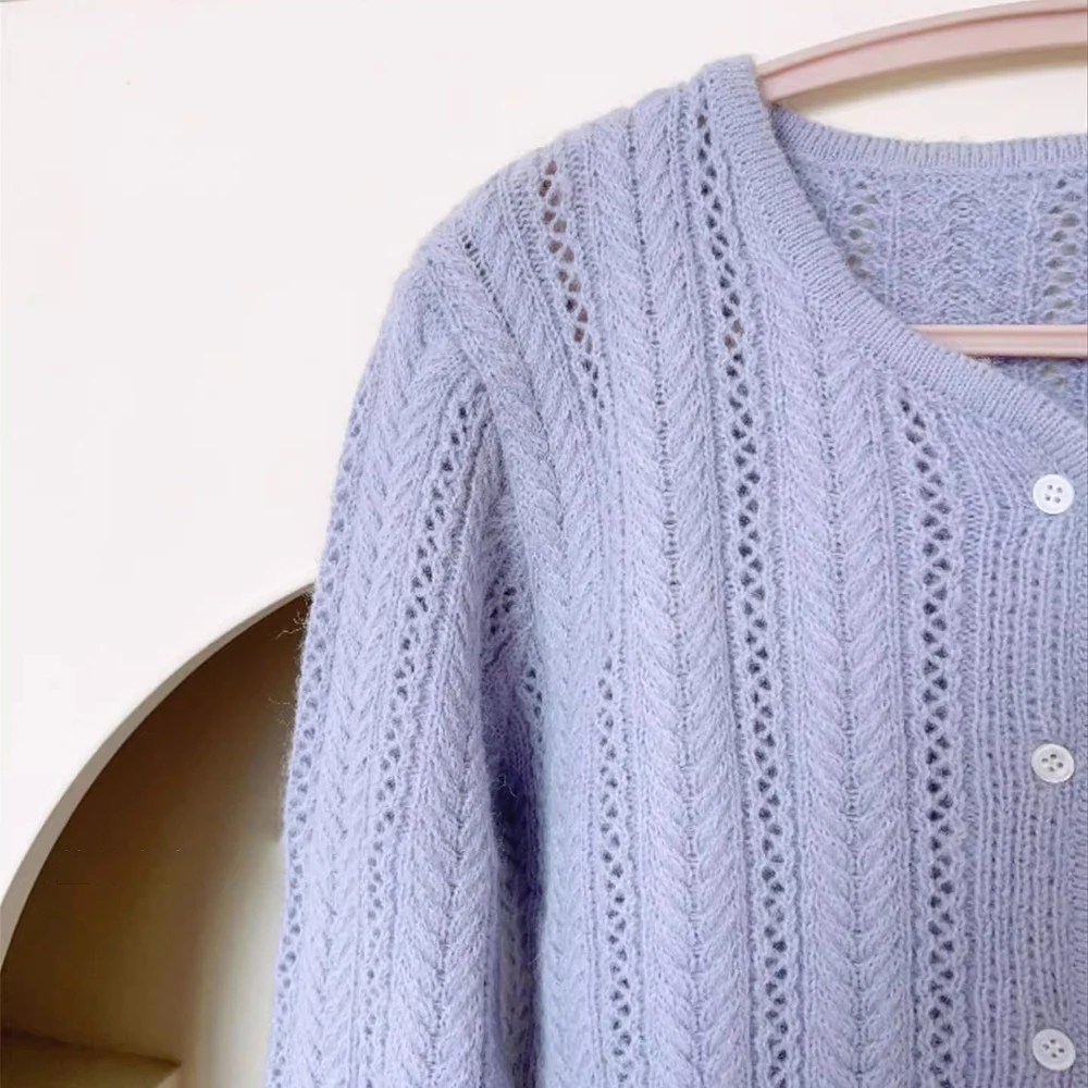 Cut-out V-Neck Knitted Cardigan Colorful Jersey Top Cropped Sweater Coat Sweet Feminine Style Women Daily Wear Blouse