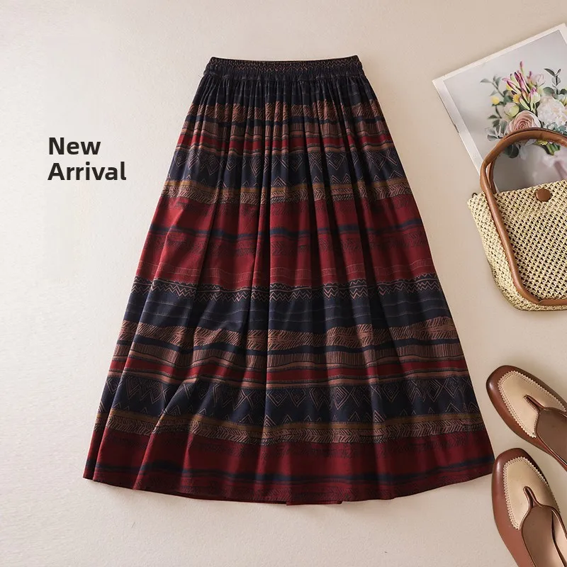 กระโปรงทรงเอ สไตล์ลำลอง ลายทาง ผ้าคอตตอนผสม ยืดหยุ่นที่เอว เหมาะสำหรับฤดูใบไม้ผลิและฤดูร้อน