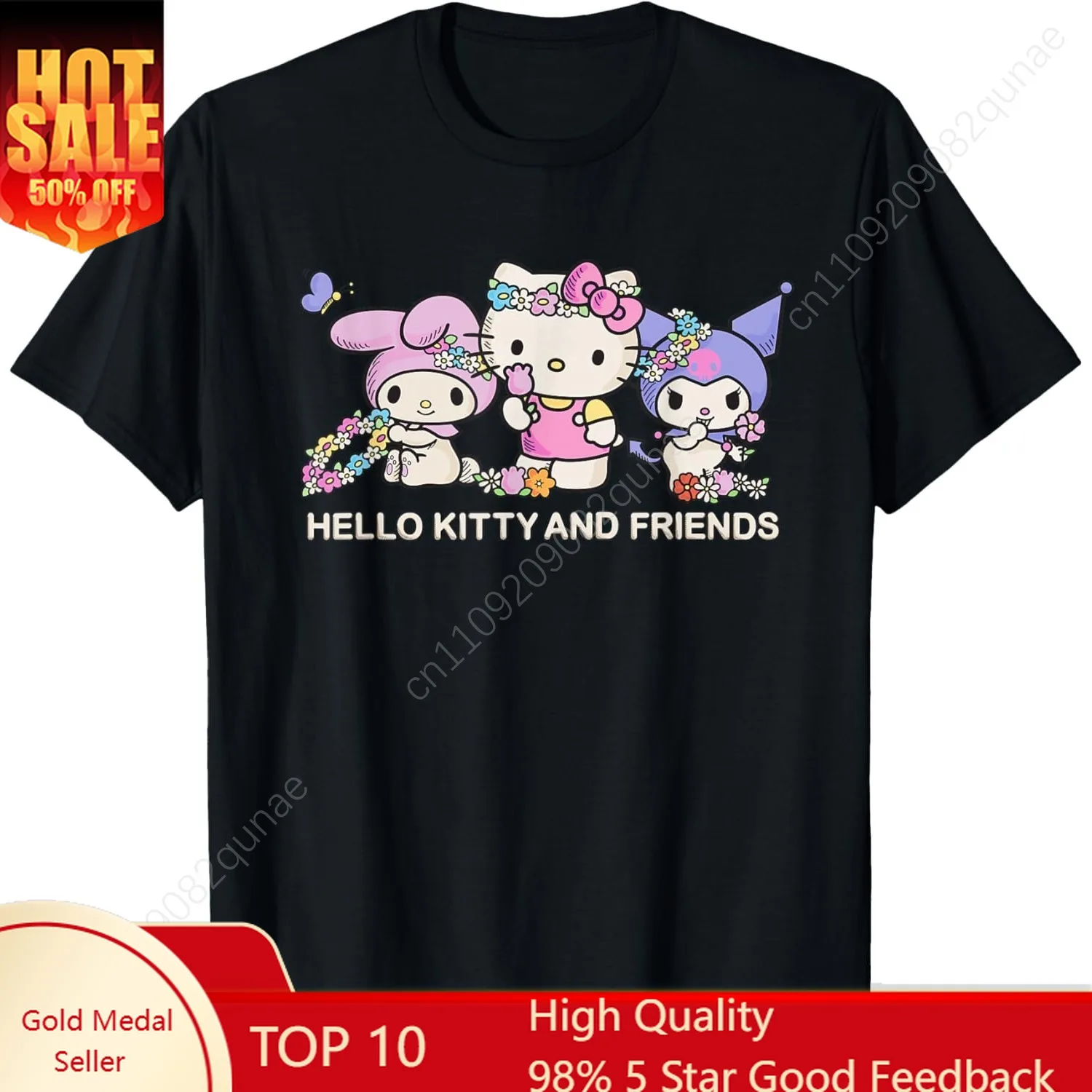 

Sanrio Hello Kitty and Friends Flower Crowns T-Shirt Women Tshirt Female Short Sleeved