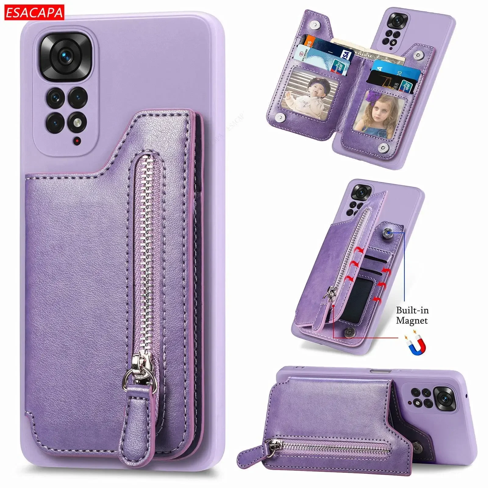 Skórzane etui na telefon z zamkiem błyskawicznym do Xiaomi Redmi Note 11 Note 11S note 10 Pro max Note 9S 9 8 7 6 Pro Card Holder Cover