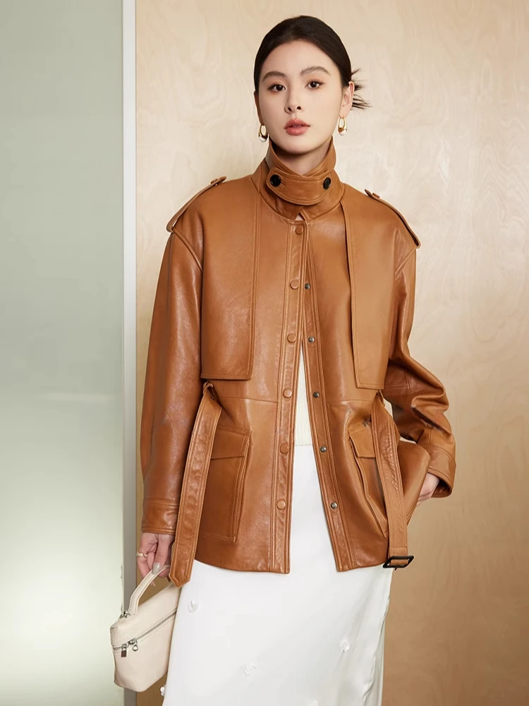 

Vintage Genuine Leather Windbreaker Jackets Women Simple Solid Soft Oil Wax Slim Real Sheepskin Coat with Belt veste cuir femme
