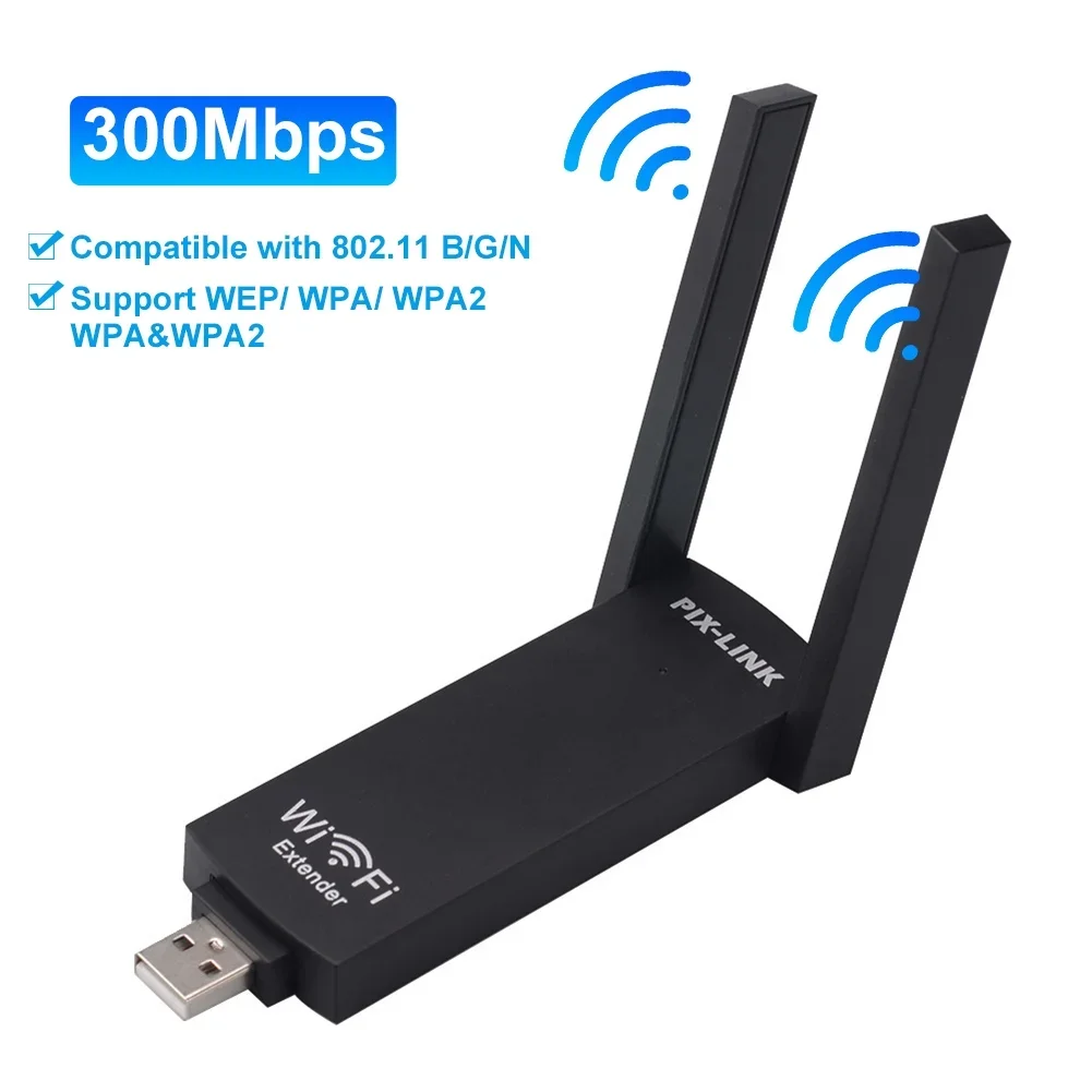 PIX-LINK Mini USB WiFi Extender 300Mbps 2.4G Wireless Repeater With Dual Antennas Portable Signal Booster for TV/Laptop UE02