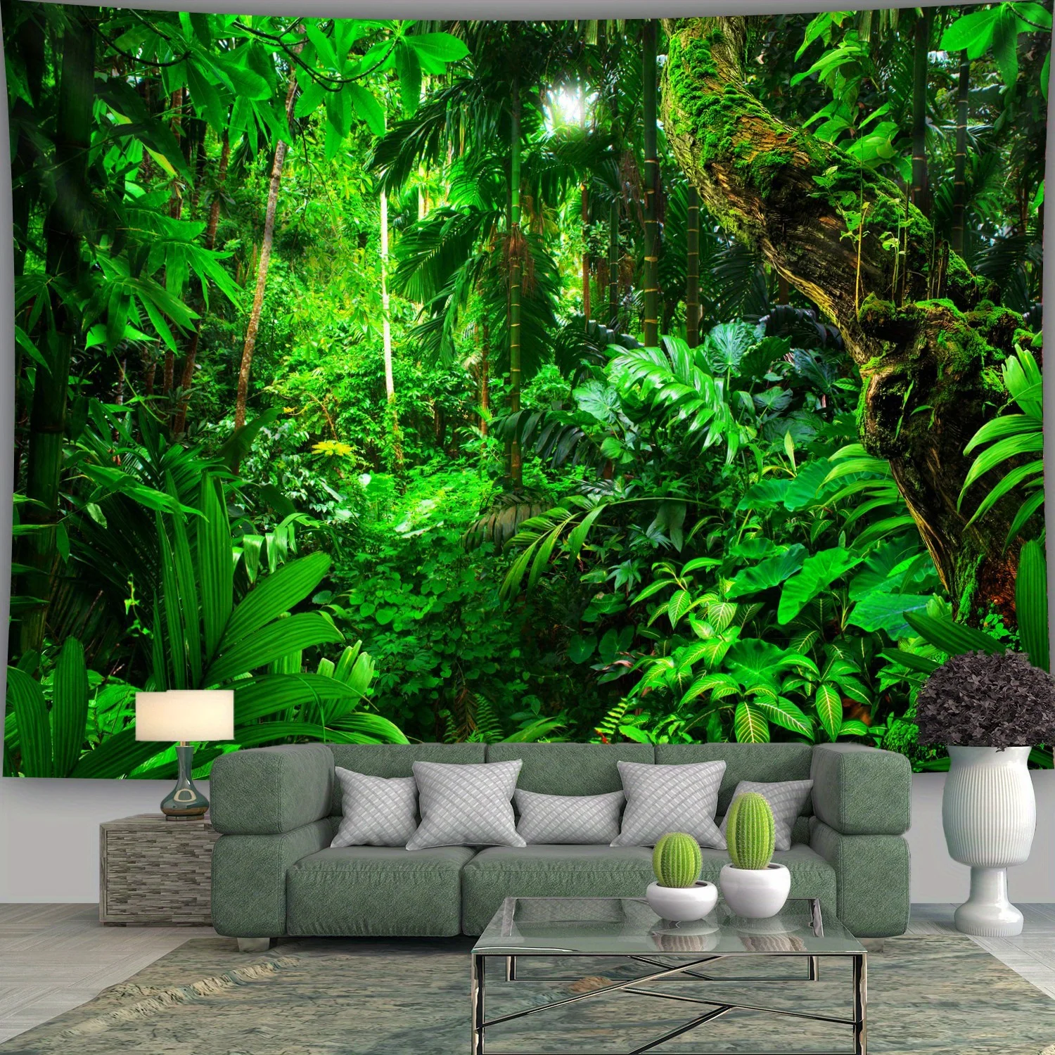 Lush Tropical Rainforest Wall Tapestry for Living Room Decor, Featuring a Vibrant and Dense Jungle Scene with Towering