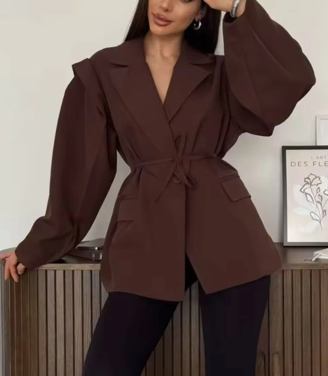 

Best Seller Women's Tailored Fit Padded Shoulder Belted Blazer Jacket - Elegant Workwear for Office & Business