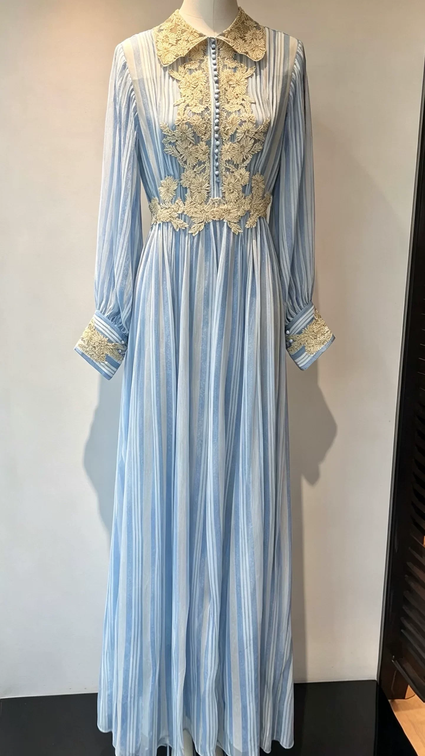100% Silk Striped Maxi Dress Luxury Floral Embroidery Lace Long Gown Elegant Flowy Blue Dress For Women Holiday Party Wear