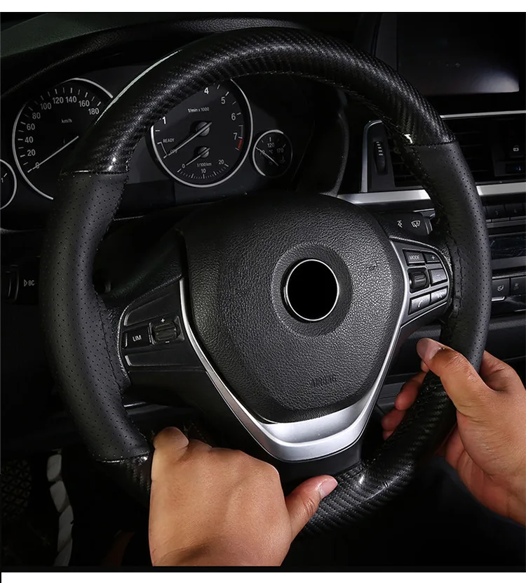 

Супертонкий кожаный декоративный чехол на руль автомобиля из хрустального углеродного волокна, всесезонный чехол на руль, сшитый вручную