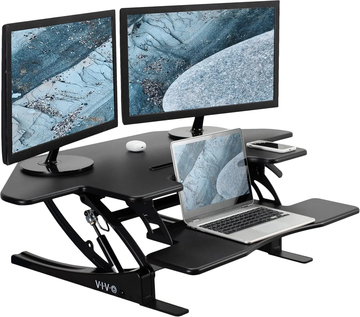 43 inch Corner Height Adjustable Cubicle Stand Up Desk Converter, V Series, Quick Sit to Stand Tabletop Dual Monitor Riser