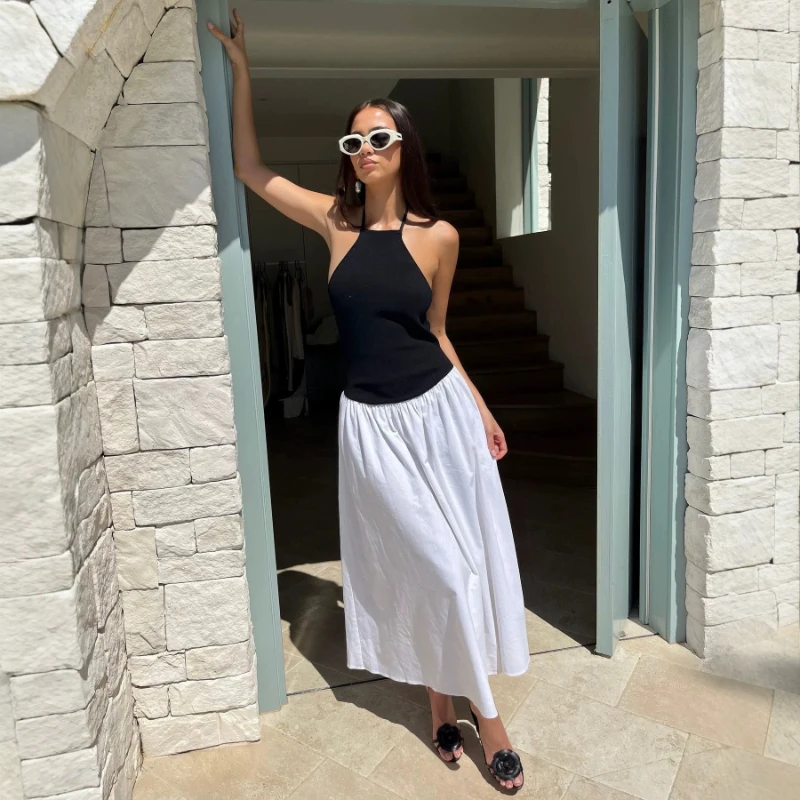 

2026 New Summer Solid Color Strap Splicing Chiffon Long Dress with Hundred Fold Sleeveless Dress for Women