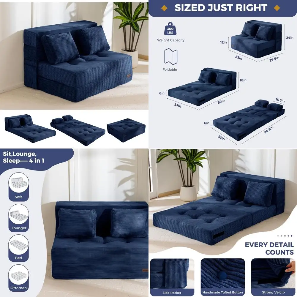 MAXYOYO 4-in-1 Convertible Sofa Bed, Fold-Out Sleeper Couch with Pillow, Tufted Folding Couch Bed Foam Floor Couch, Lazy Chair