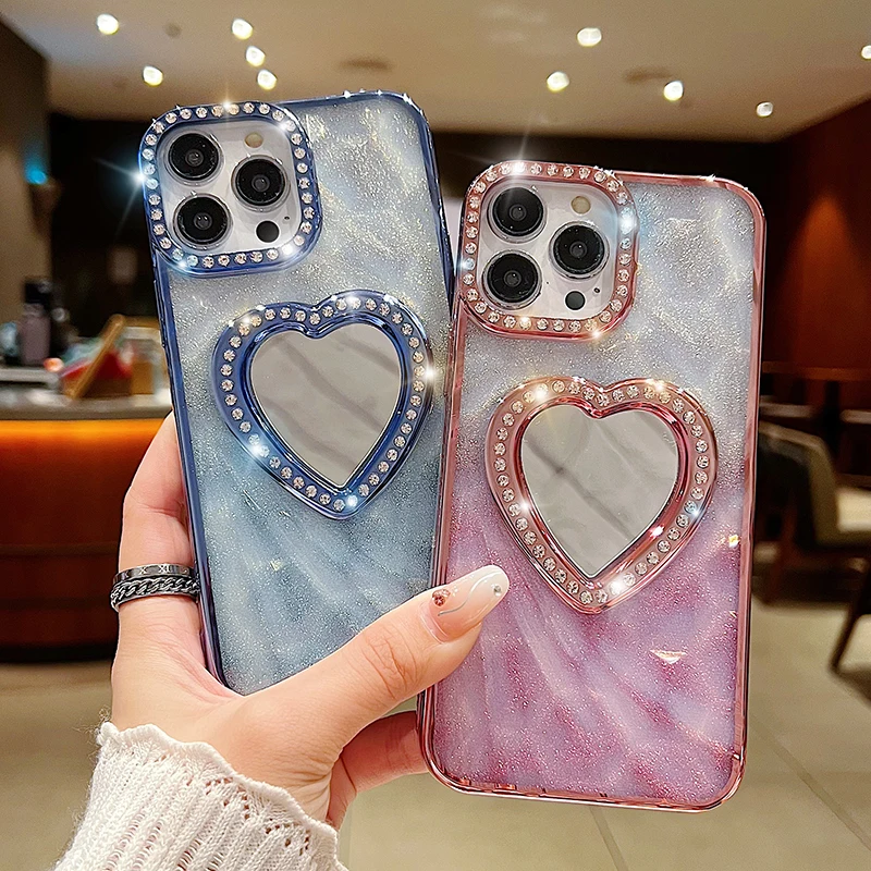 

Fashion Love Heart Make Up Mirror Case For iPhone 16 Pro Max 15 14 13 12 11 Plating Glitter Diamond Phone Cover