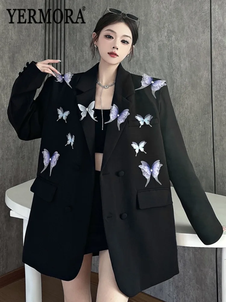 

YERMORA Black Butterfly Printed Casual Blazer For Women Lapel Long Sleeve Loose New Jacket Fashion Tide Spring Autumn 2025