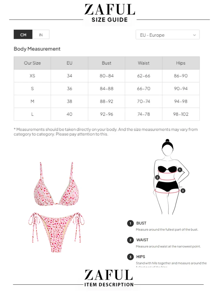 ZAFUL Women's Lace Trim Ditsy Floral Print Triangle Tie Side Adjustable Spaghetti Strap String Tanga Bikini Set Swimwear