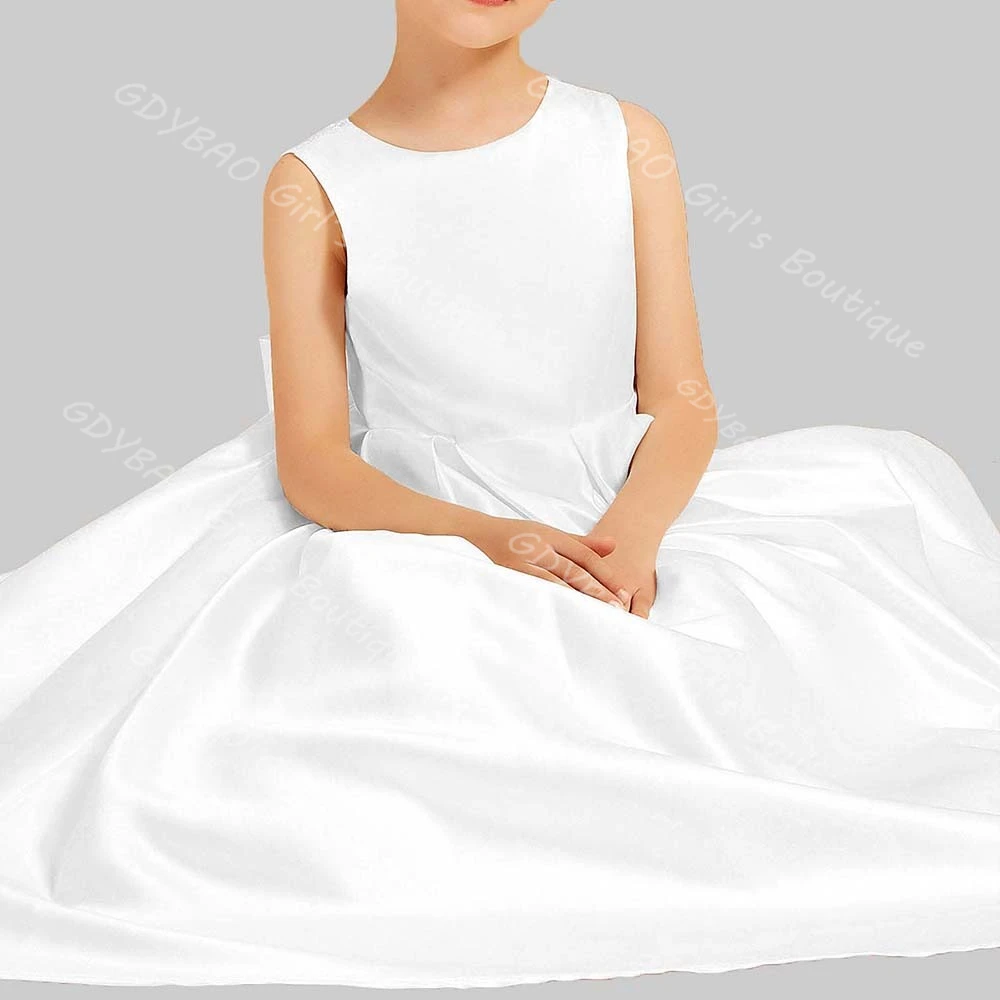 사용자 정의 공주 꽃 소녀 드레스 새틴 활 쉬어 백 민소매 성찬식 드레스 키즈 발목 길이 웨딩 파티 가운