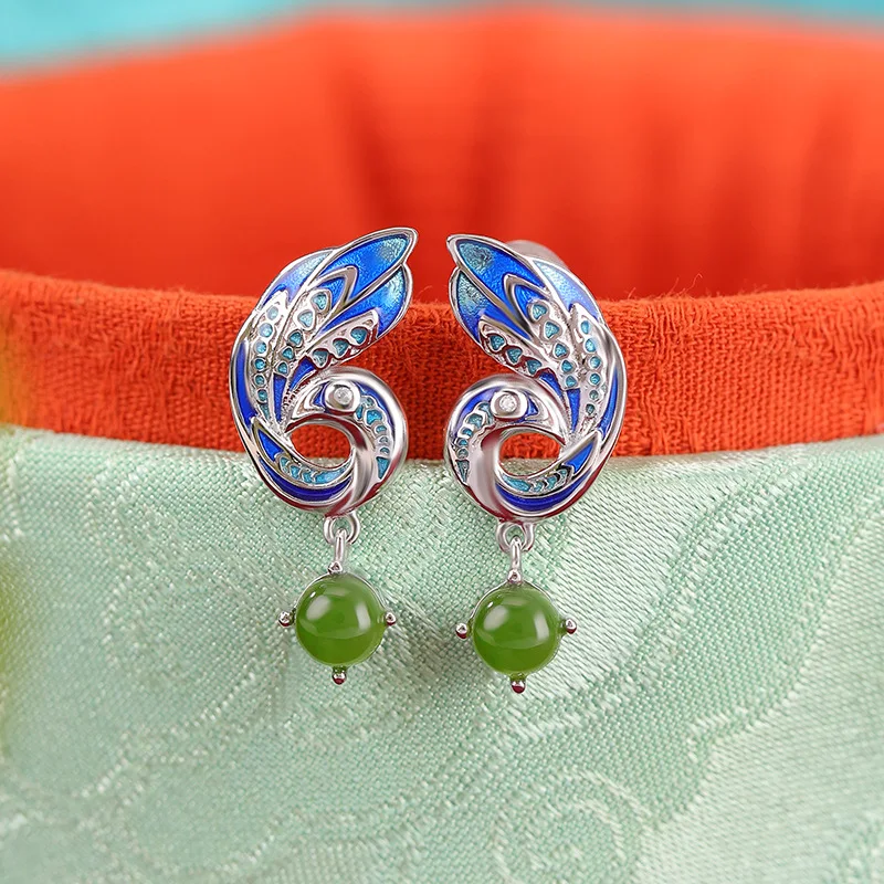 Hetian S925 Sterling Silver Jade Round Bead Earrings New Style Ethnic Ear Jewelry