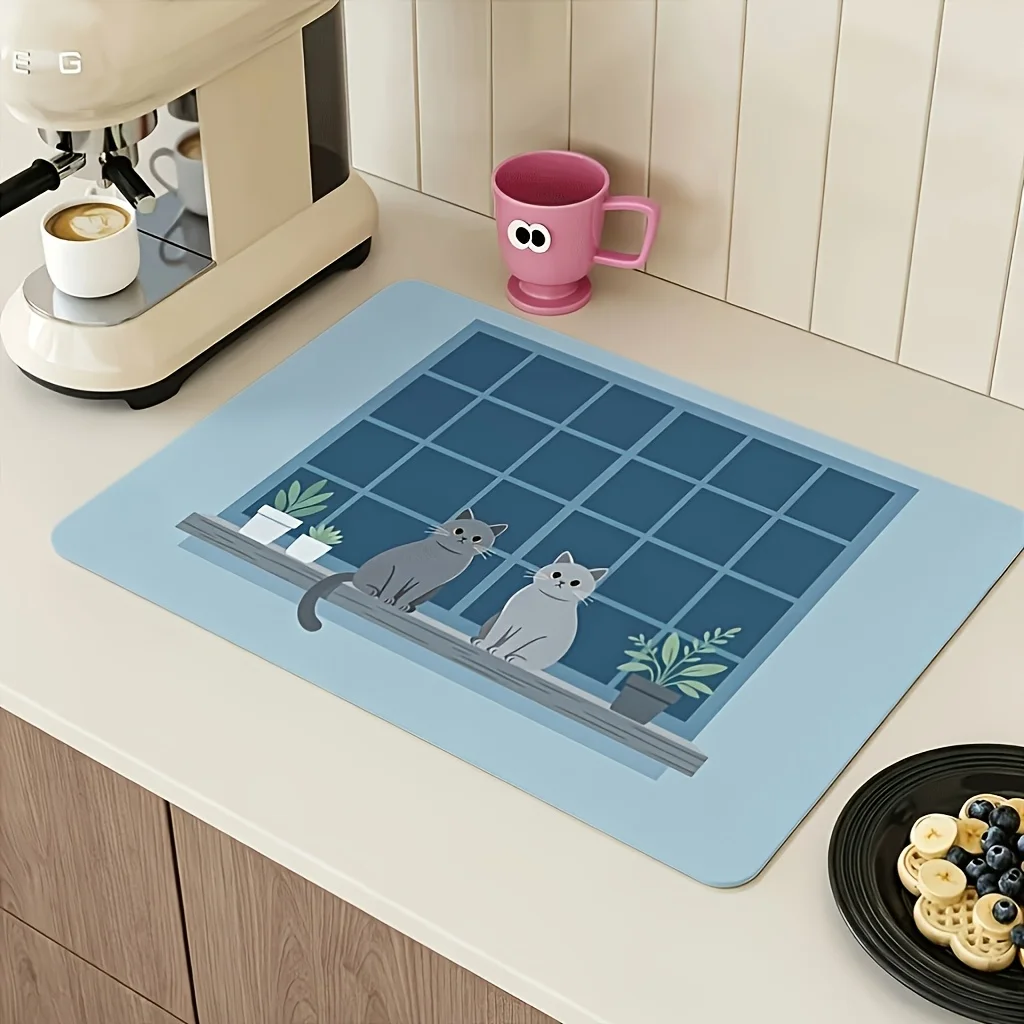 Absorbent Drying Mat, Cartoon Cat Window Floral Halloween Print, Waterproof Non Slip Kitchen Counter Coffee Drain Decor Placemat