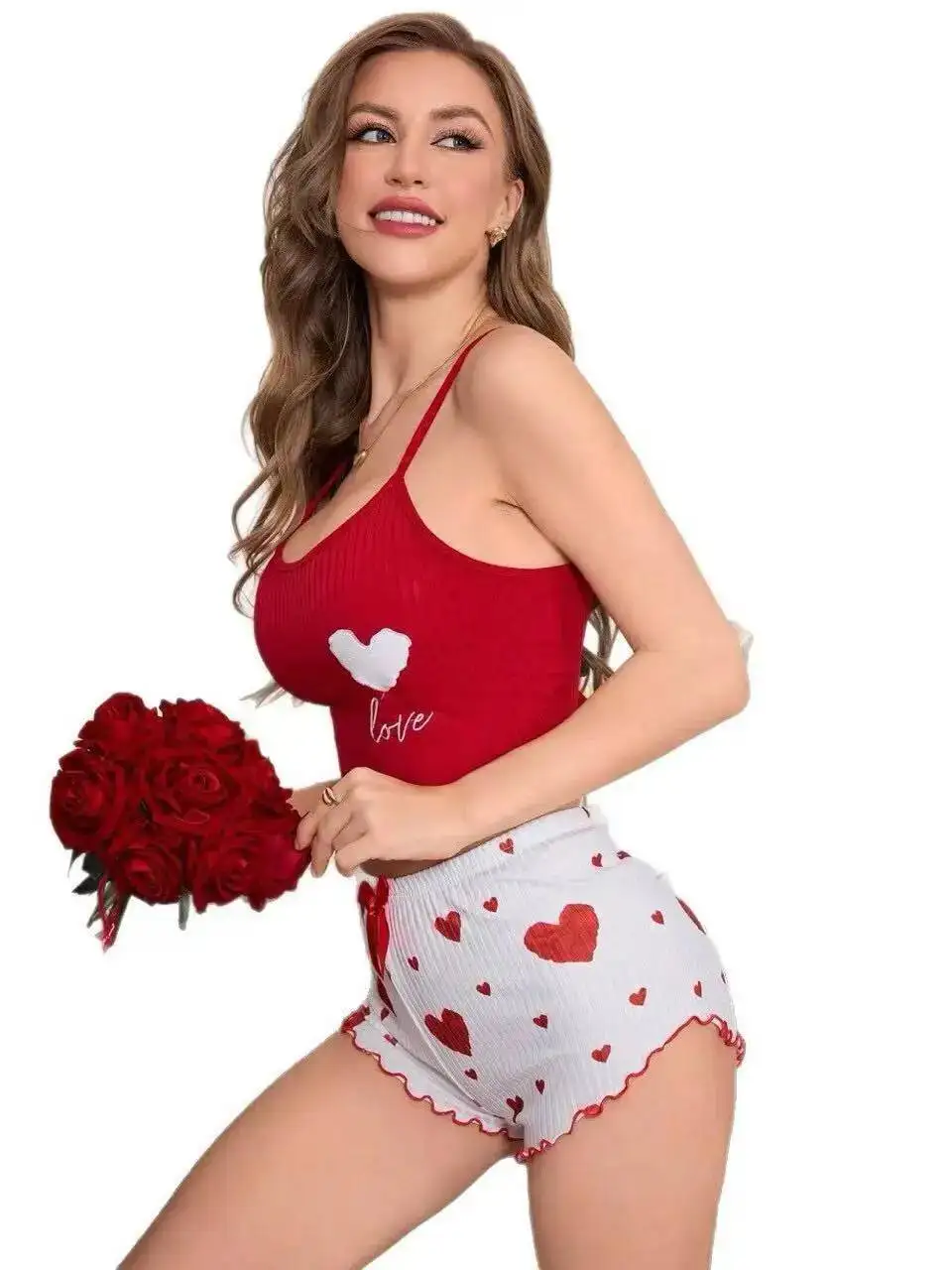 Damskie komplety szortów do spania Eleganckie szorty z nadrukiem serca Seksowny top na ramiączkach i szorty Komplety szortów do noszenia w domu Casual Pure Desire W71M