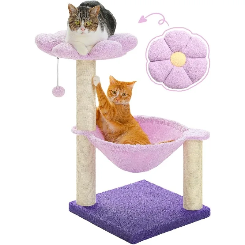 

Flower Cat Scratching Post, 28" Cute Cat Tree Tower for Indoor Cats with Large Hammock Soft Perch Bed, Replaceable Toy Ball for