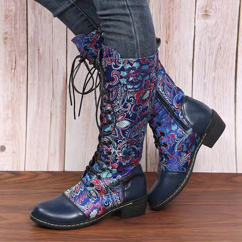 New Leac Up Embroidery Flowers Knee High Boots Women Ethnic Retro Chunky Heel Large Size Knight Boots 2022 Autumn Botas De Mujer