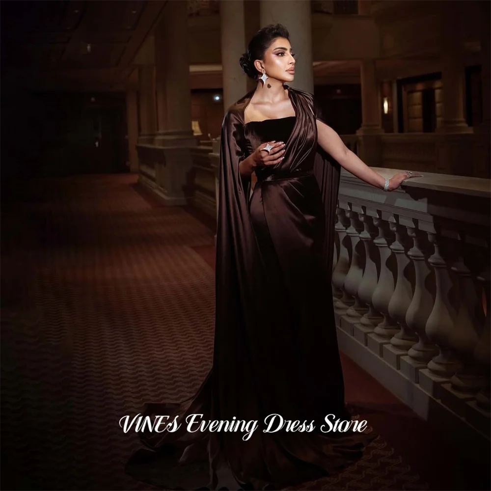 VINES Dark Brown Satin Prom Dresses Strapless Cape Sleeve Evening Dresses Mermaid Party Dress Elegant Robe De Soirée Customized