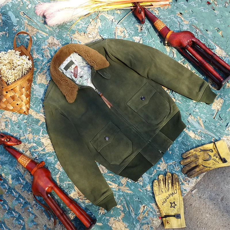 

Haihang G1 Men's Leather Jacket Olive Green Fleece Lined Genuine Cowhide Warmth Wool Collar Flight Style Long Sleeve Coat