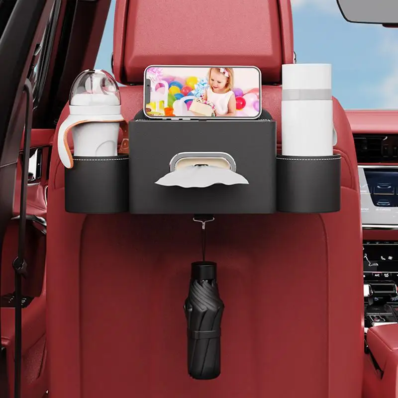 Tissue Box And Storage Box Hook Multi-Functional Seat Back Organizers 2 Cup Holder Cell Phone Slot Car Organizer For Convenience