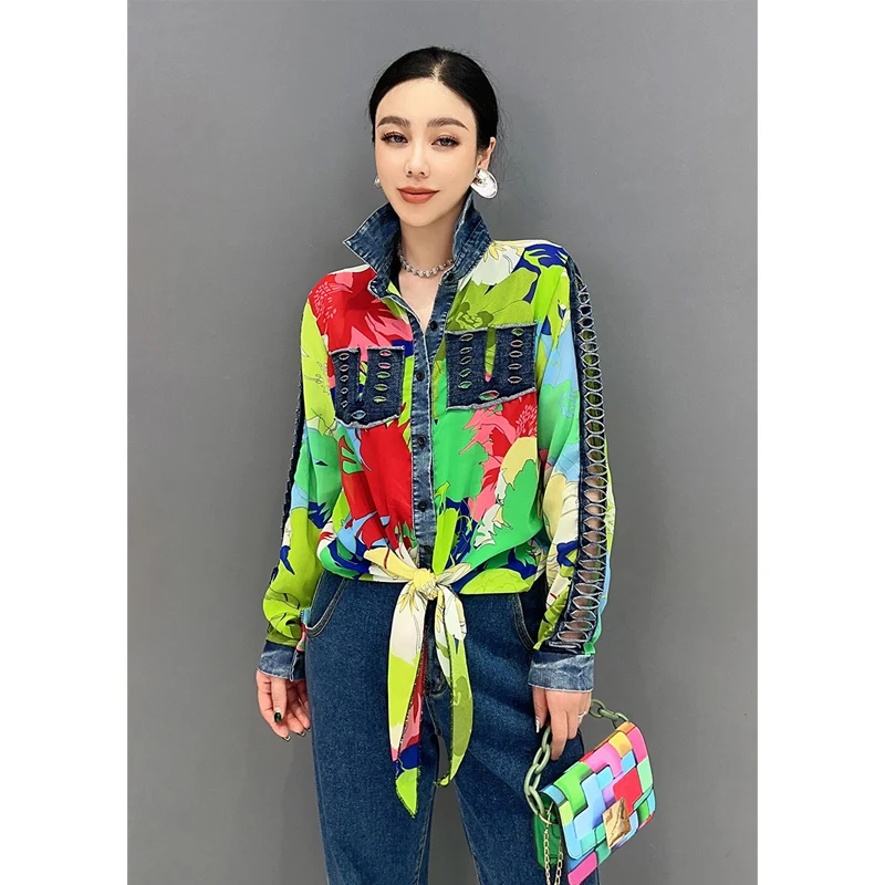 Vefadisa 2025 Spring Autumn New denim patchwork chiffon shirt with loose tie up, casual and elegant women's clothing WXY082