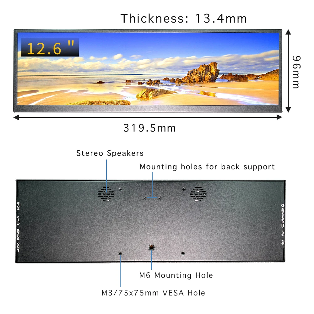 LESOWN-Monitor touchscreen com alto-falantes, barra esticada, display LCD, tela ampla sub, USB tipo C, IPS 1200:1, 1920x515, 12,6 polegadas