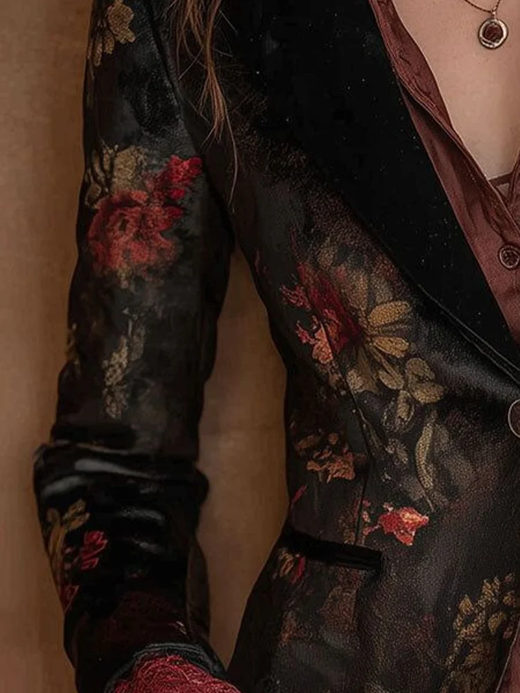 

Women's Velvet Floral Jacket Retro Notched Collar Single Button Streetwear Vintage Casual Autumn Blazer Jackets for Women