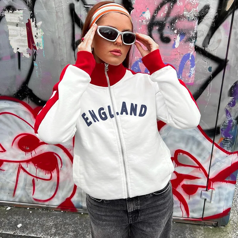 

2023 England Autumn Zip Up Hoodie Women Y2k High Street Casual Letter Print Coat Top Vintage Grunge Long Sleeve Sweatshirt New