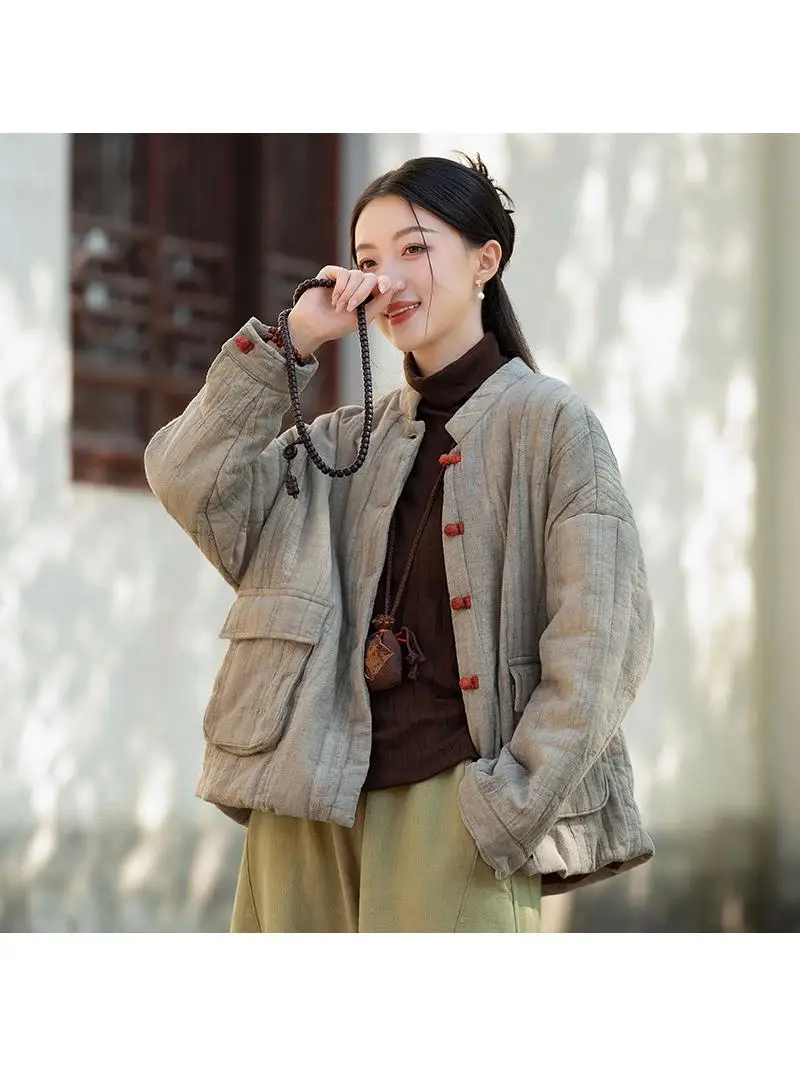 

2025 Winter New Retro Hemp Hand Dyed Thiened Cotton Jaet Women's ort Sle Filling Sewn in Warm Top Vintage Look