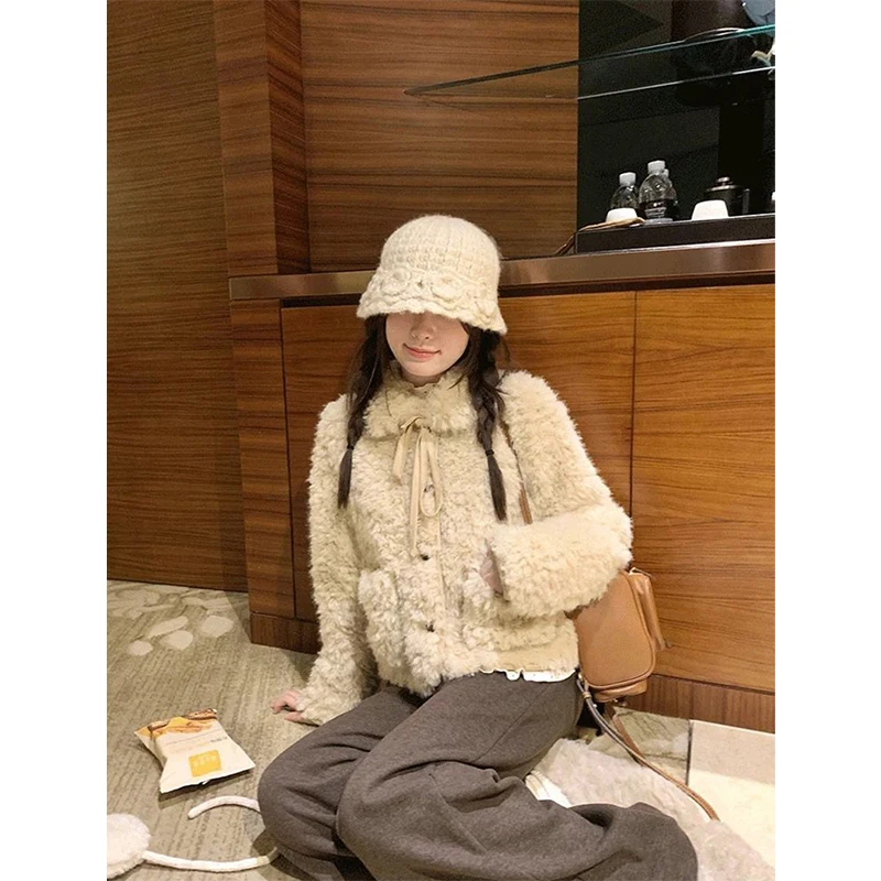 Kawaii Lamb Wool Coat Women Cute Cropped Bow Fluffy Jacket Fashion Korean Long Sleeve Furry Outerwears Winter Ladies Coats New