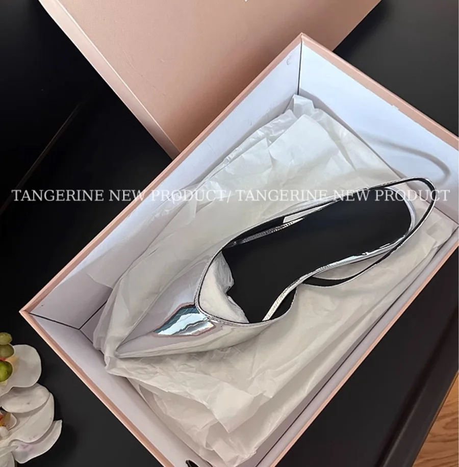 Women Slingbacks Silver Pointed Toe Flat Heel Elegant Ladies Fashion Laser Shoes Spring Autumn Flats Size 41