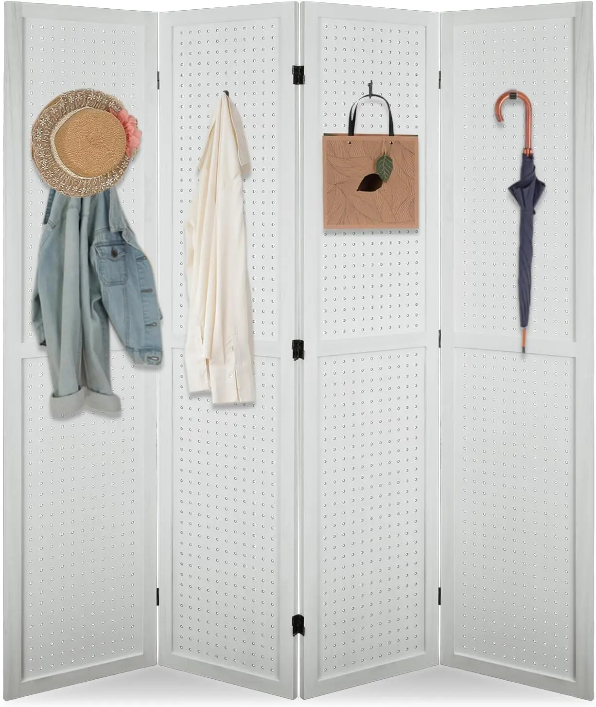 4 Panel Room Divider, 5.6Ft Pegboard Display Wooden Room Divider Folding Privacy Screen Room Divider Freestanding Peg Boa