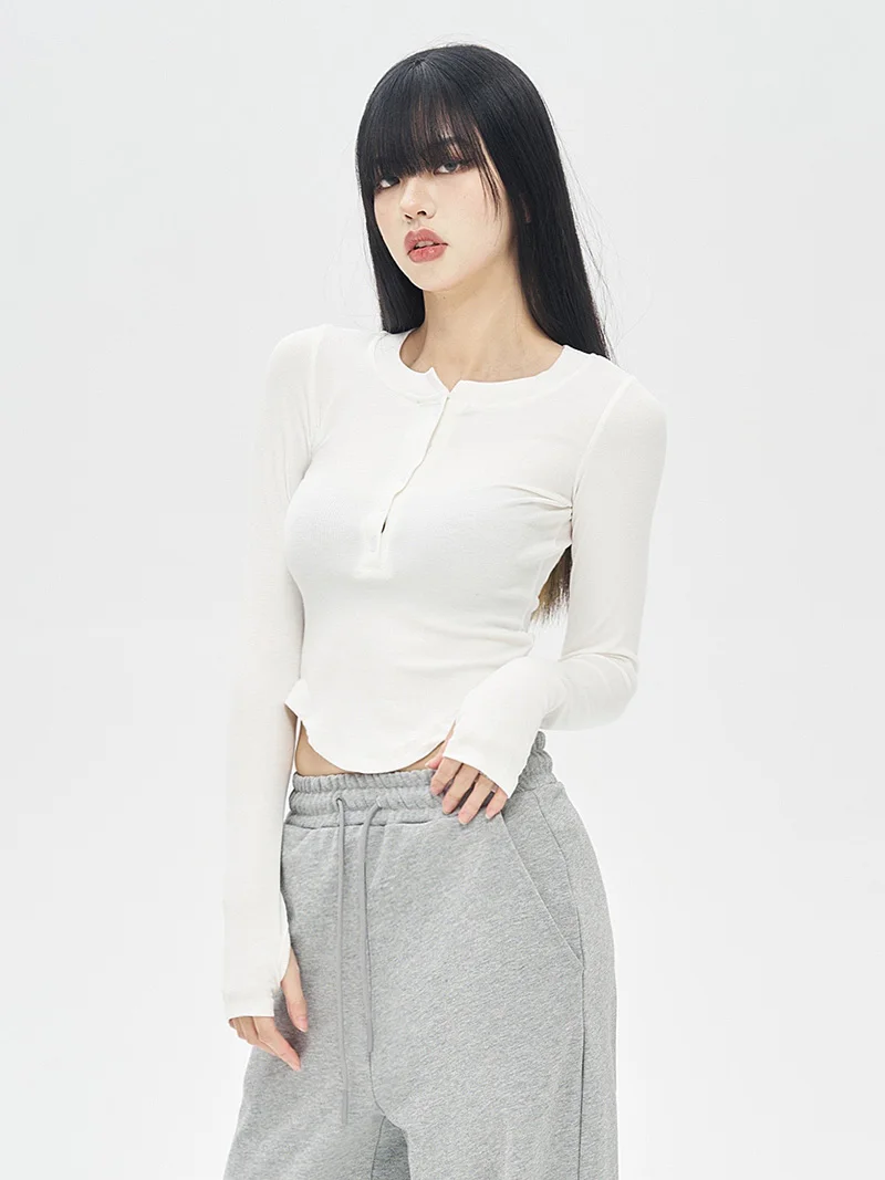 Women's Button Front Long Sleeve T-Shirt, Slim Fitted Crop Top