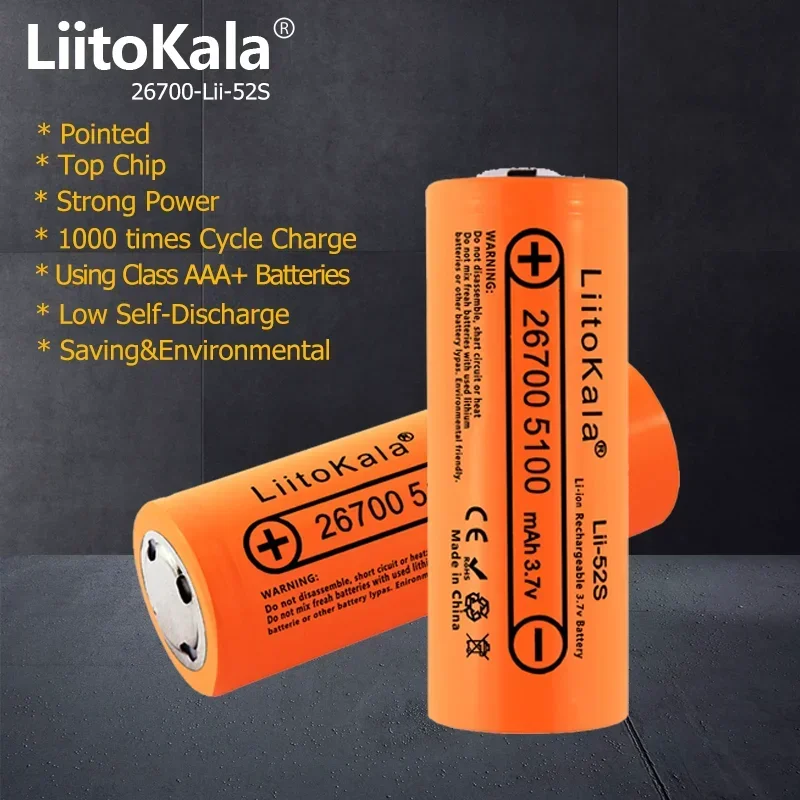 1-18PCS Liitokala Lii-52S Pointed Grade A 3.7V 26700 5200mAh 20A Power Rechargeable Lithium Battery Suitable for Flashlight