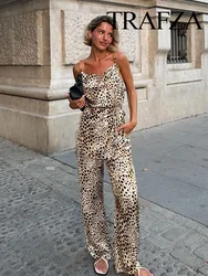 TRAFZA Women Chic Leopard Print Pant Suit Elegant Crop Asymmetrical Belt Decorate Tops+Casual Drawstring Slim Wide Leg Pants