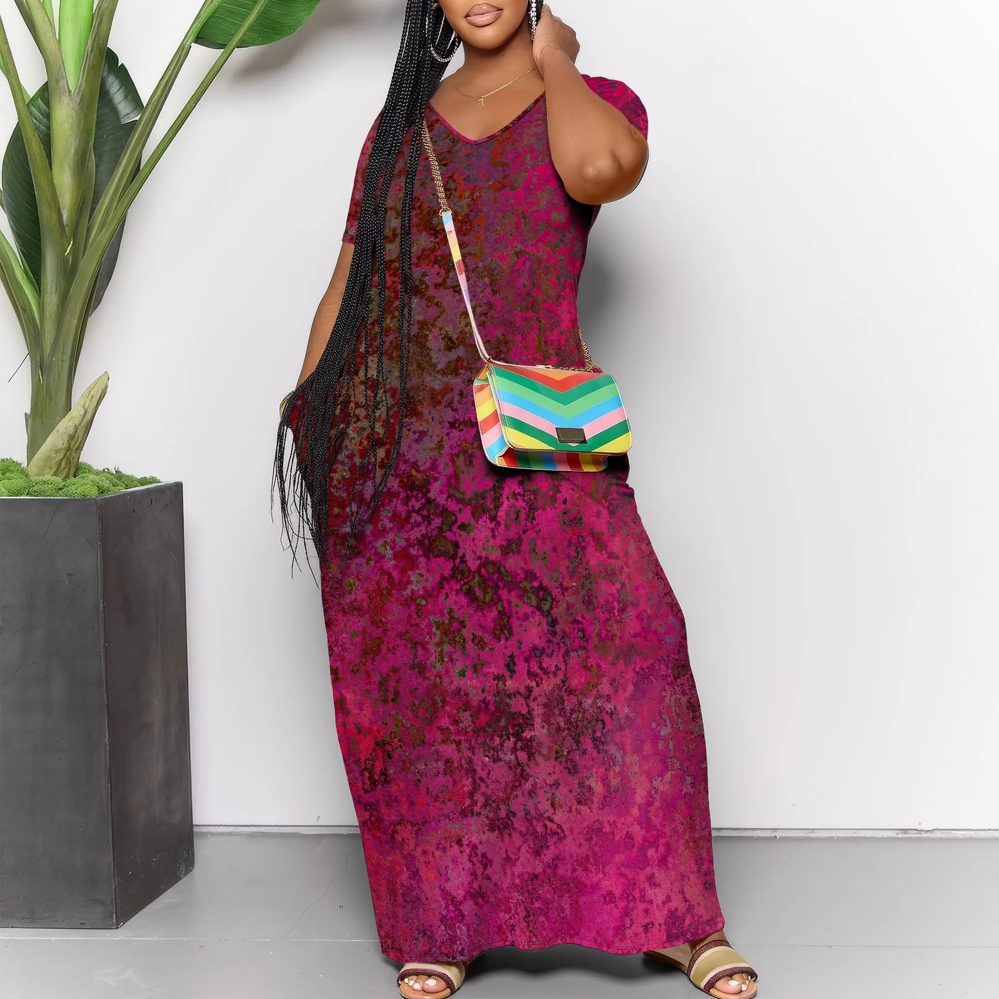 

Red Texture V-Neck Maxi Dress Short Sleeve Abstract Marble Print Loose Fit Gown