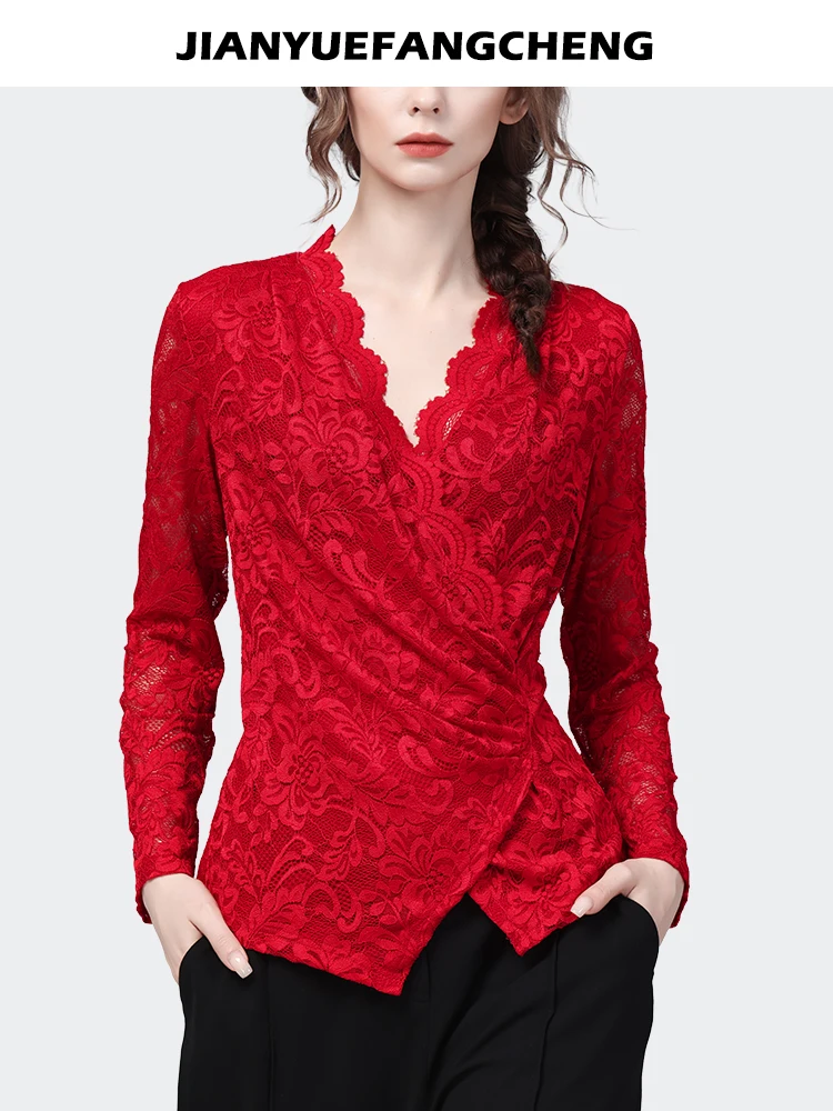 Sexy Skinny Ladies Red Lace Top 2023 Spring Summer Women Top Long Sleeve V-Neck Hook Flower Hollow Casual Bottoming Shirts