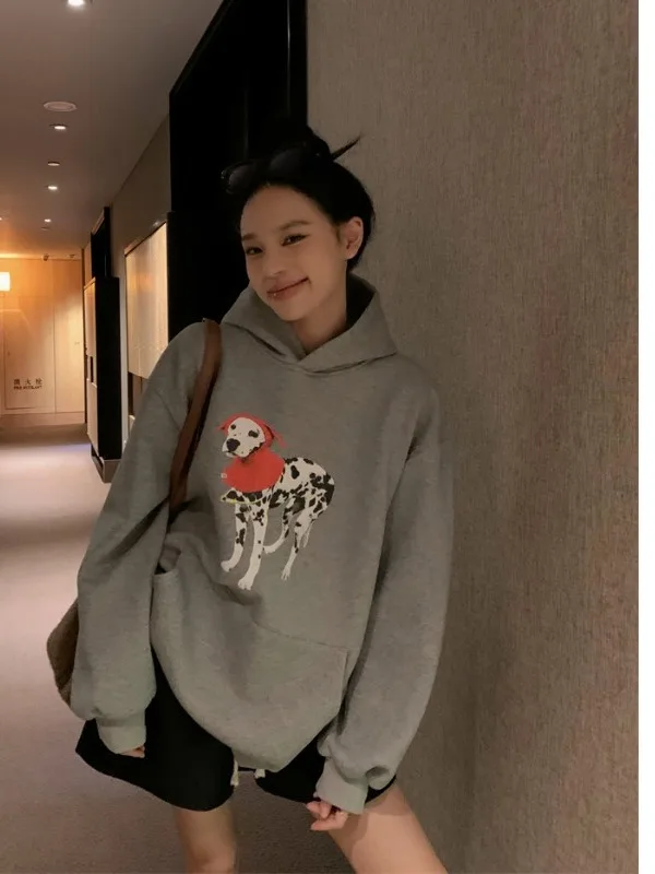 

plus Size Women's ey Dog Print Sweatirt Jaet Loose Fit Autumn Trendy Casual Outerwear Korean Sle Long Sve Hoodie
