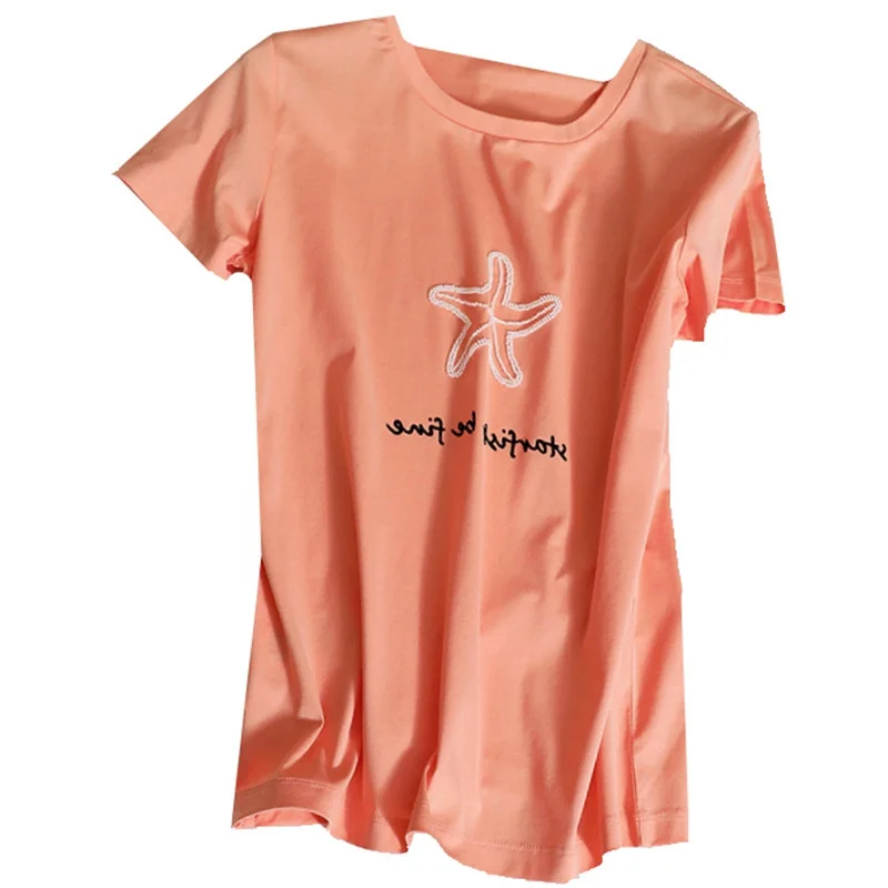 Algodón puro redondo Ne ort Sve muestra superior irt pieza única mujer Faion coreano Sle Color ropa de viaje